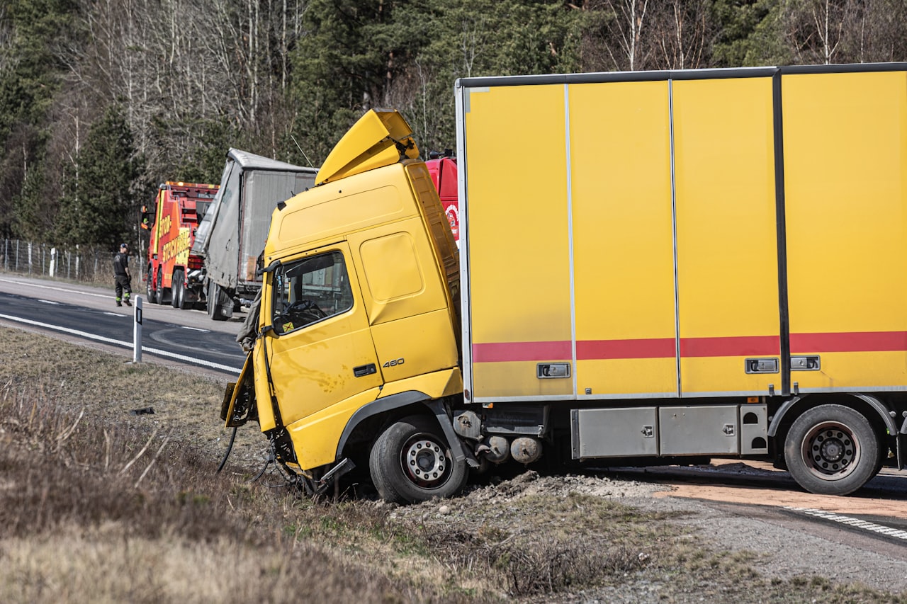 A semi-truck involved in a roadside accident
